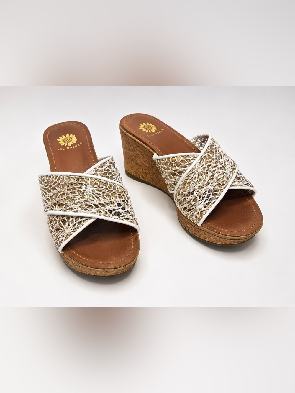🌼✨ Yellow Box Crochet Cork Wedge Slide Sandals – Women’s Size 7✨